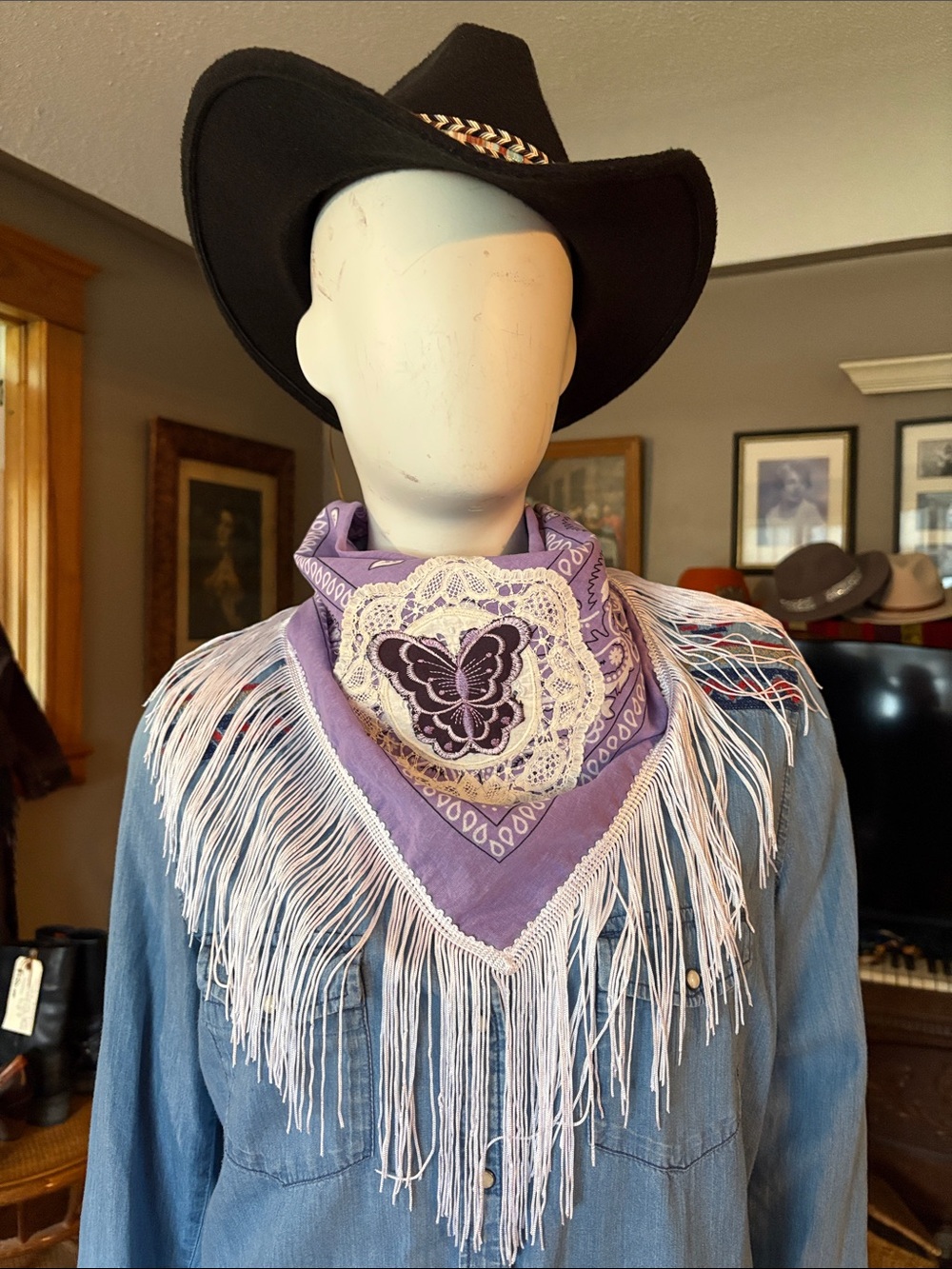 # 111    Lavender Fringe Bandana Scarf with Butterfly Accent